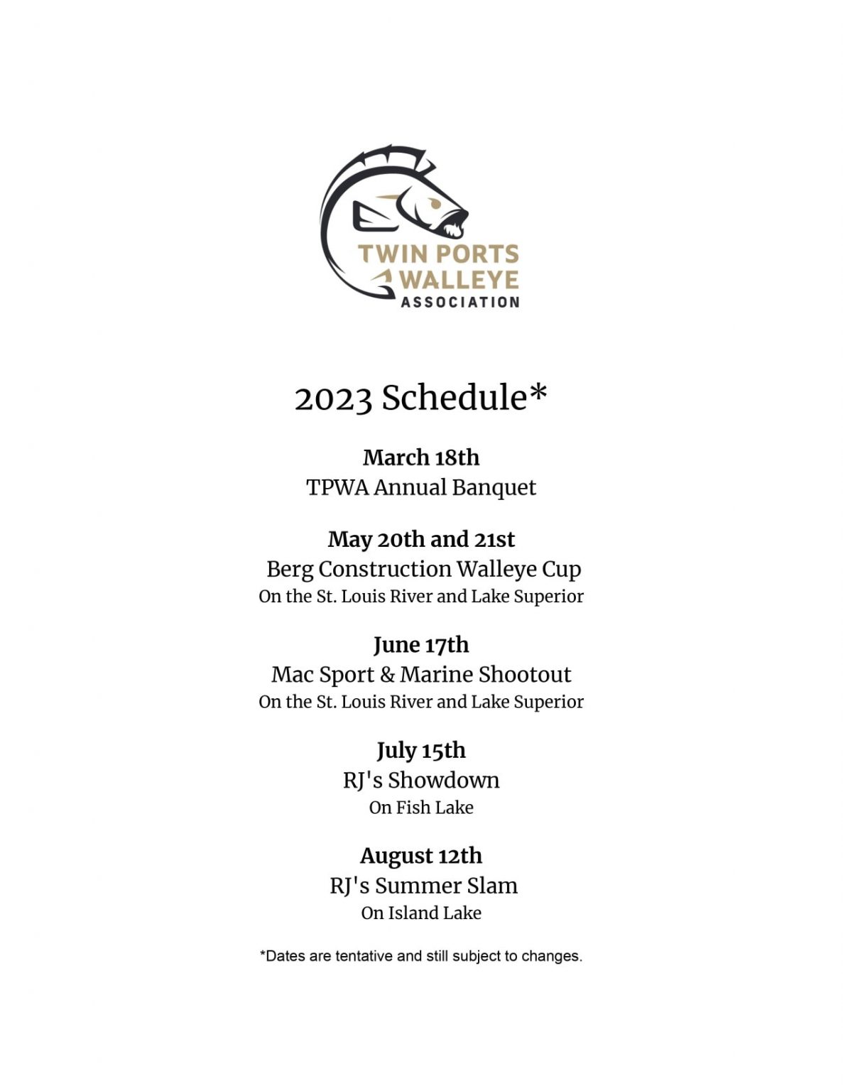 2023 Twin Ports Walleye Association Schedule